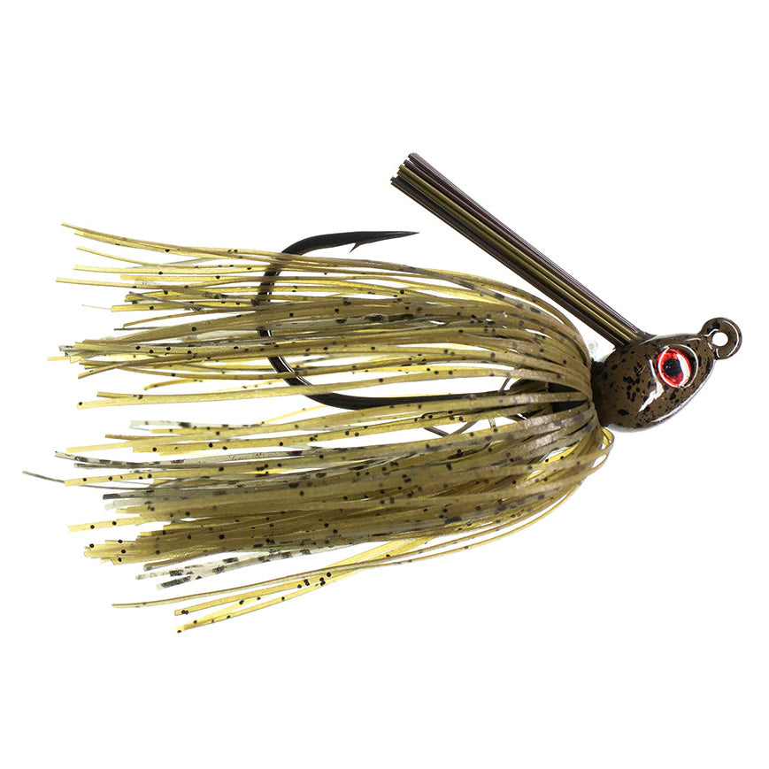 Dirty Jigs Compact Swim Jig fishing lure with a rounded, olive-green head featuring a red and black eye, sharp hook, and olive skirt with black speckles designed for musky and bass fishing.