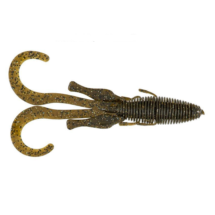 Missile Baits D Stroyer fishing lure in brown with black speckles, featuring ribbed body and twin curved tail appendages designed for musky fishing tackle.