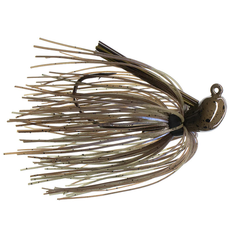 Close-up of a brown and beige Dirty Jigs Luke Clausen Casting Jig fishing lure with a weighted head and flexible skirt strands designed for musky and freshwater fishing tackle.