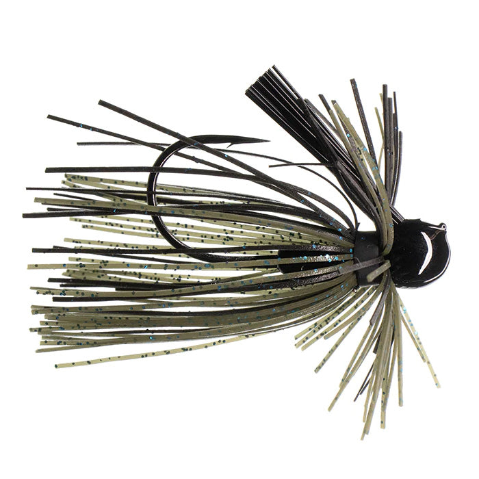 Close-up of a Dirty Jigs Luke Clausen Finesse Jig fishing lure with black and olive green silicone skirt strands, designed for finesse fishing and equipped with a sharp black hook.