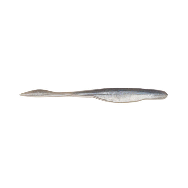 Soft plastic fishing lure in pearl blue-gray tones with a slender body and paddle tail, designed for freshwater fishing, shown as Strike King KVD Perfect Plastics 4" Caffeine Shad Jr.