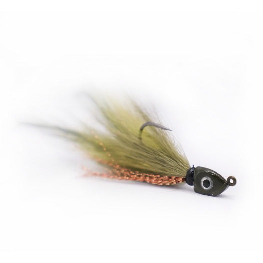 Close-up of an Outkast Tackle Chicken Nugget Hair Jig featuring a fishing lure with olive green hair, copper accents, and a detailed jig head designed for fishing tackle.