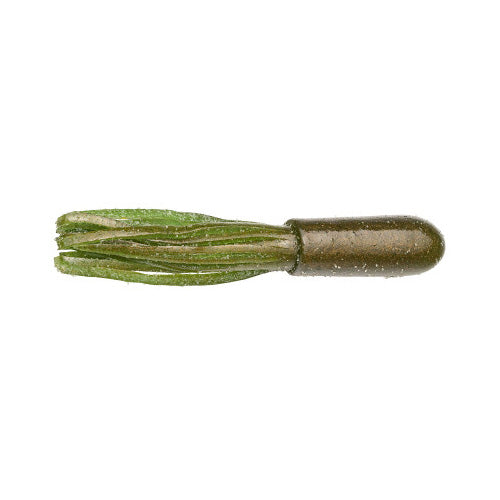 Strike King Fat Coffee Tube fishing lure with a cylindrical, dark brown head and soft, green skirted tail designed for freshwater fishing tackle.