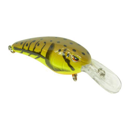 SPRO RkCrawler 55 MD Crankbait fishing lure with a yellow and green body, black spots, and a clear plastic diving lip designed for effective fishing tackle use.