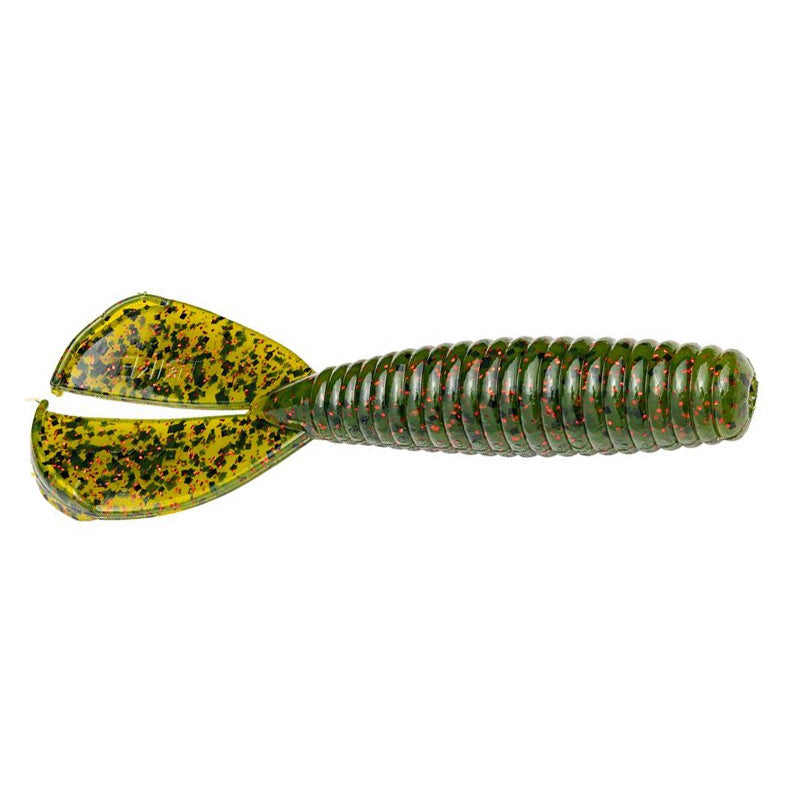 Strike King Magnum Rage Menace Grub fishing lure in green with red and black speckles, ribbed body, and twin paddle tail for lifelike movement in water.