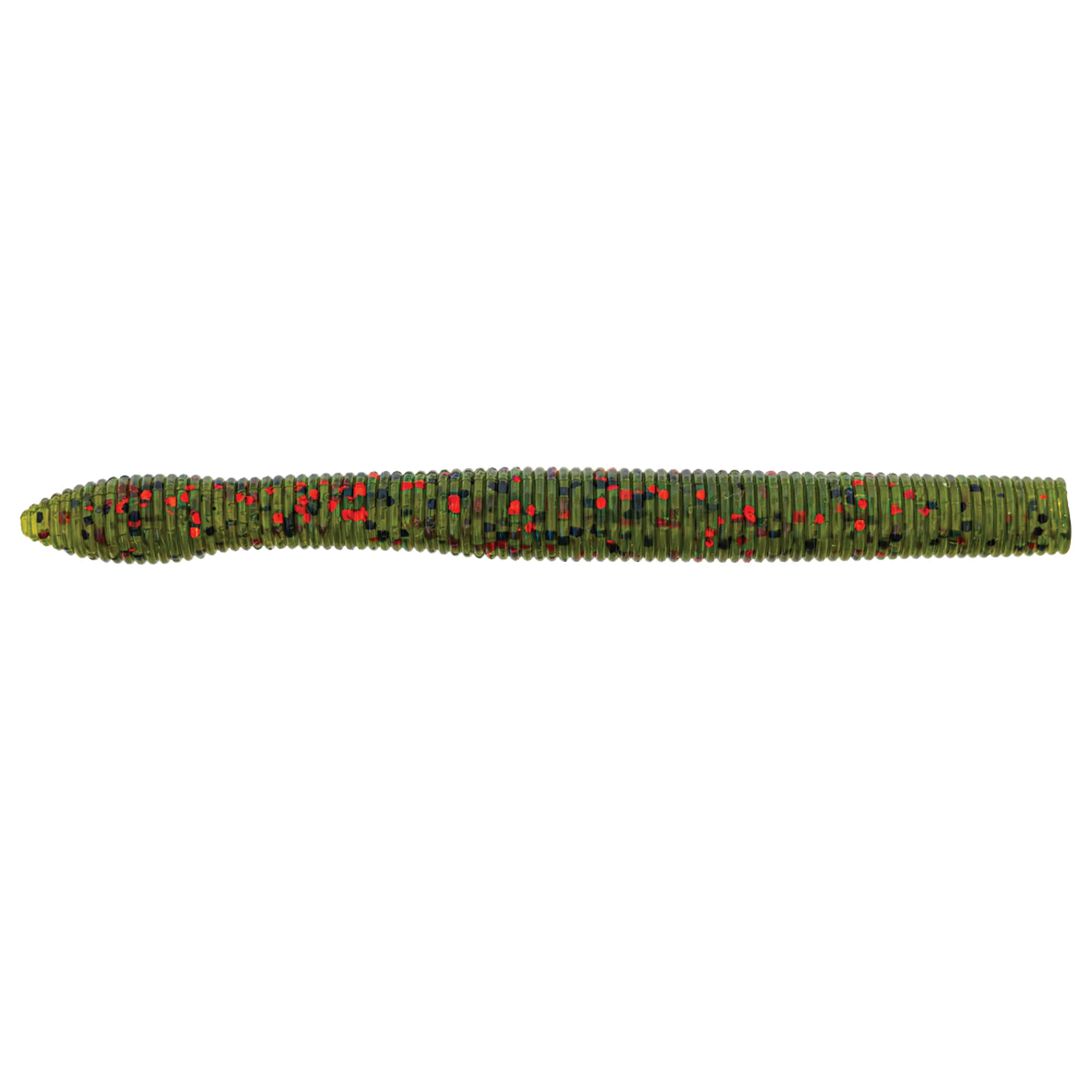 X-Zone Neko Ned Zone soft fishing lure in olive green with red and black speckles, designed for freshwater fishing tackle and musky targeting.