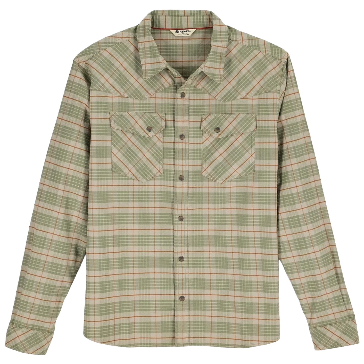 Simms Brackett Flannel - Men's in a green and tan plaid pattern, featuring long sleeves, button front closure, two chest pockets with button flaps, designed for outdoor fishing activities.