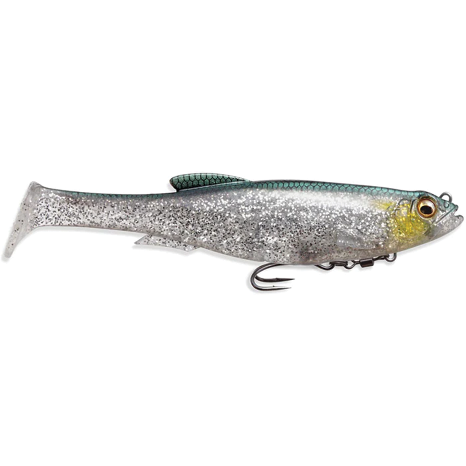 Megabass Magdraft soft fishing lure with a realistic silver glitter body, green and yellow accents, detailed eyes, and a built-in hook for musky fishing tackle.
