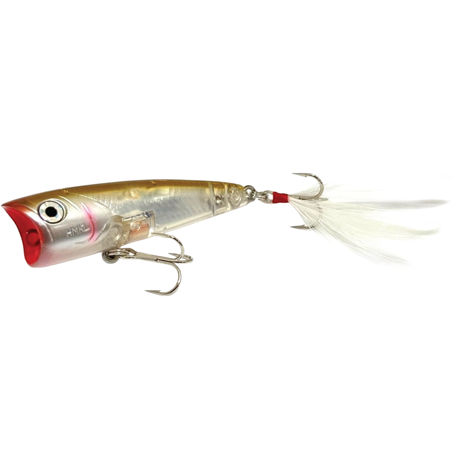 HMKL K-0 Popper fishing lure with a translucent gold and silver body, red mouth, detailed eyes, two treble hooks, and white feathered tail designed for musky fishing.
