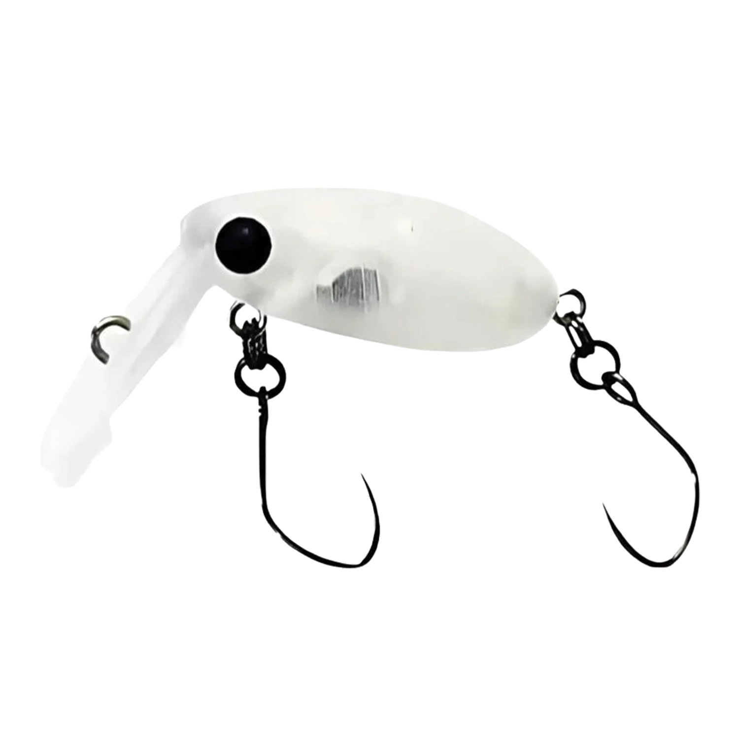 HMKL Inch Crank Rattlin' Une-R transparent white fishing lure with two black hooks designed for musky and freshwater fishing tackle.