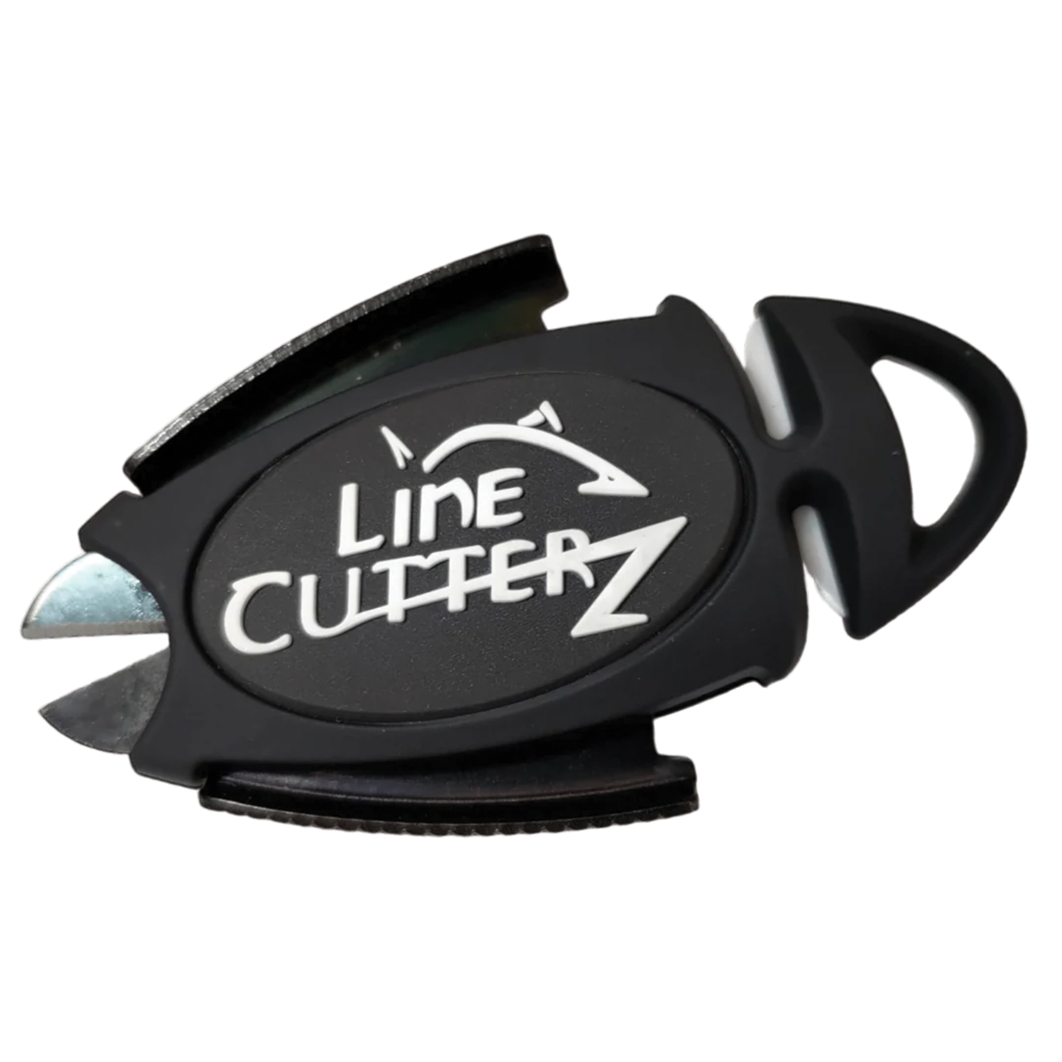 Black compact fishing tool with a curved body, featuring sharp metal blades and an ergonomic handle, displaying "Line Cutterz Dual Hybrid Micro Scissors" logo for precise line cutting.