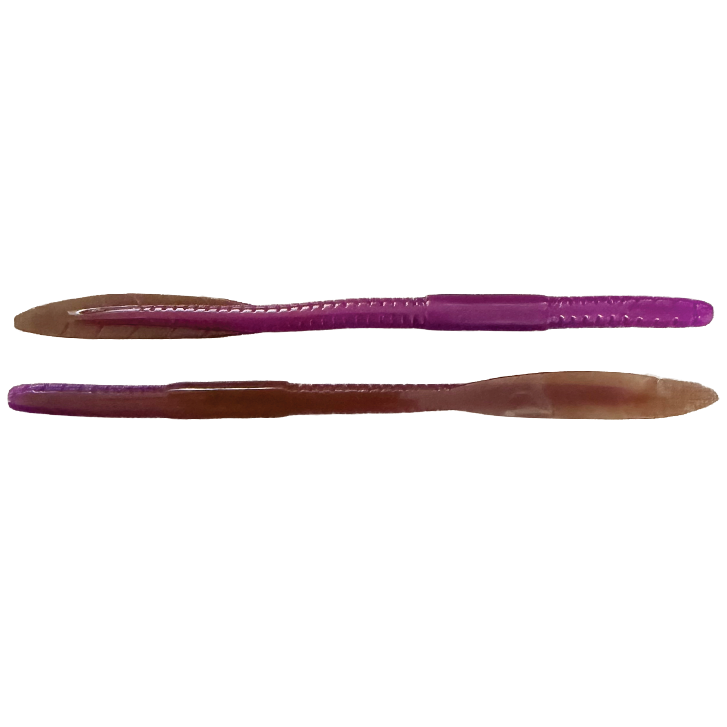 Two flexible, slender fishing lures in purple and brown tones, designed with segmented bodies for lifelike movement, labeled YG.Labo Witch Whip.