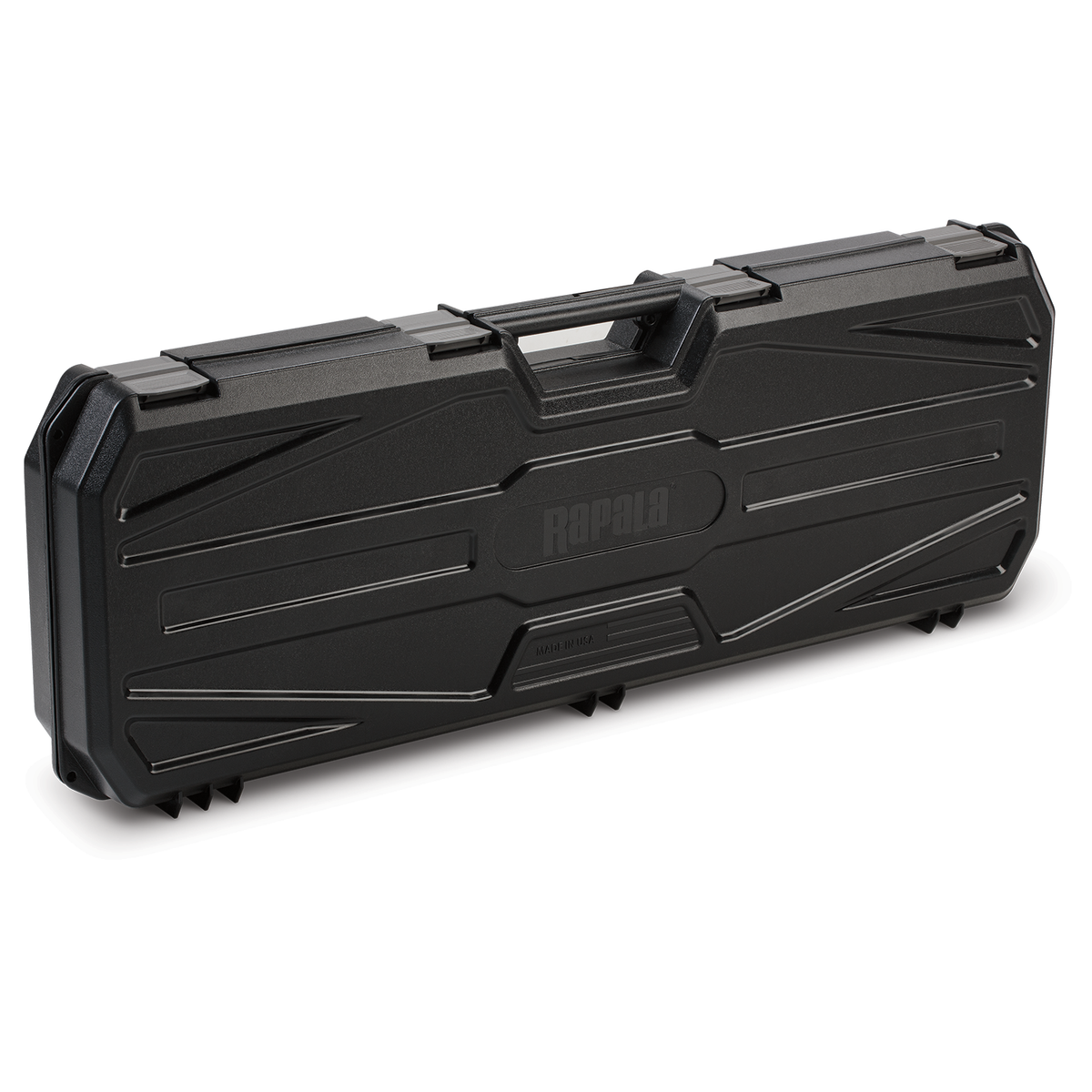 Rapala Hard Sided 41" Ice Rod Case in black, durable hard plastic with secure latches and a central handle, designed to protect and transport fishing rods and tackle safely.