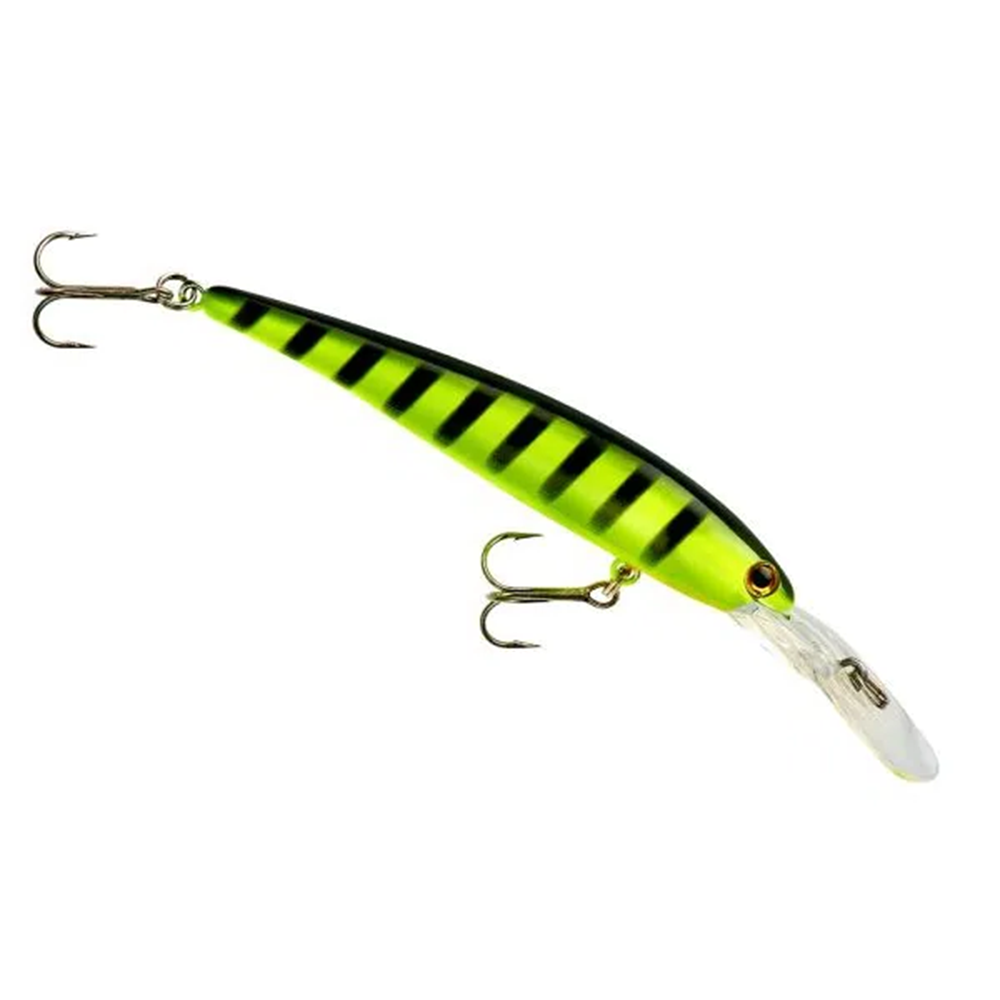 Bandit B-Shad fishing lure in bright green with black stripes, featuring two metal treble hooks and a clear diving lip for attracting musky and other game fish.