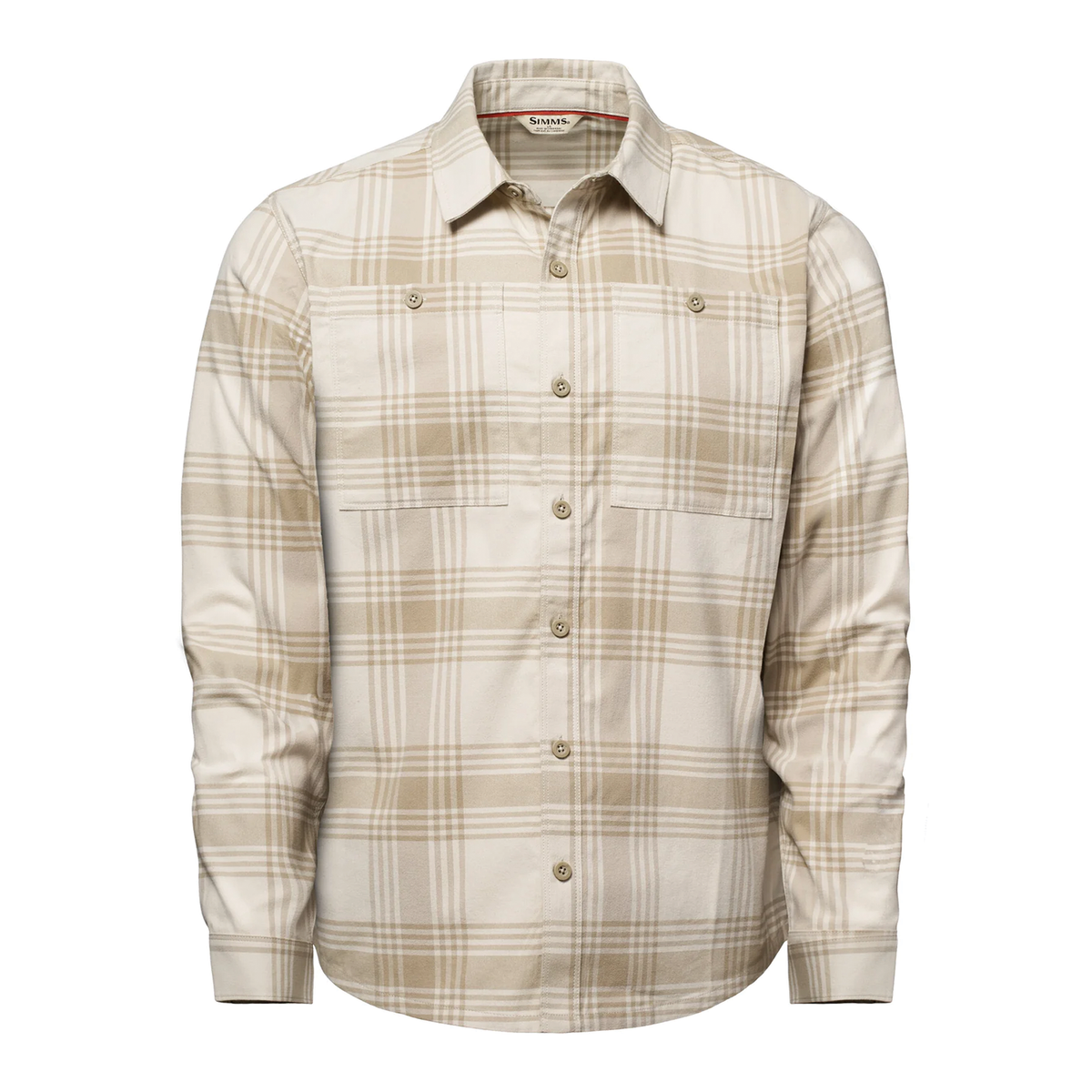 Simms Tailout Flannel - Men's beige and cream plaid long sleeve button front shirt with collared neckline and chest pockets on a white background