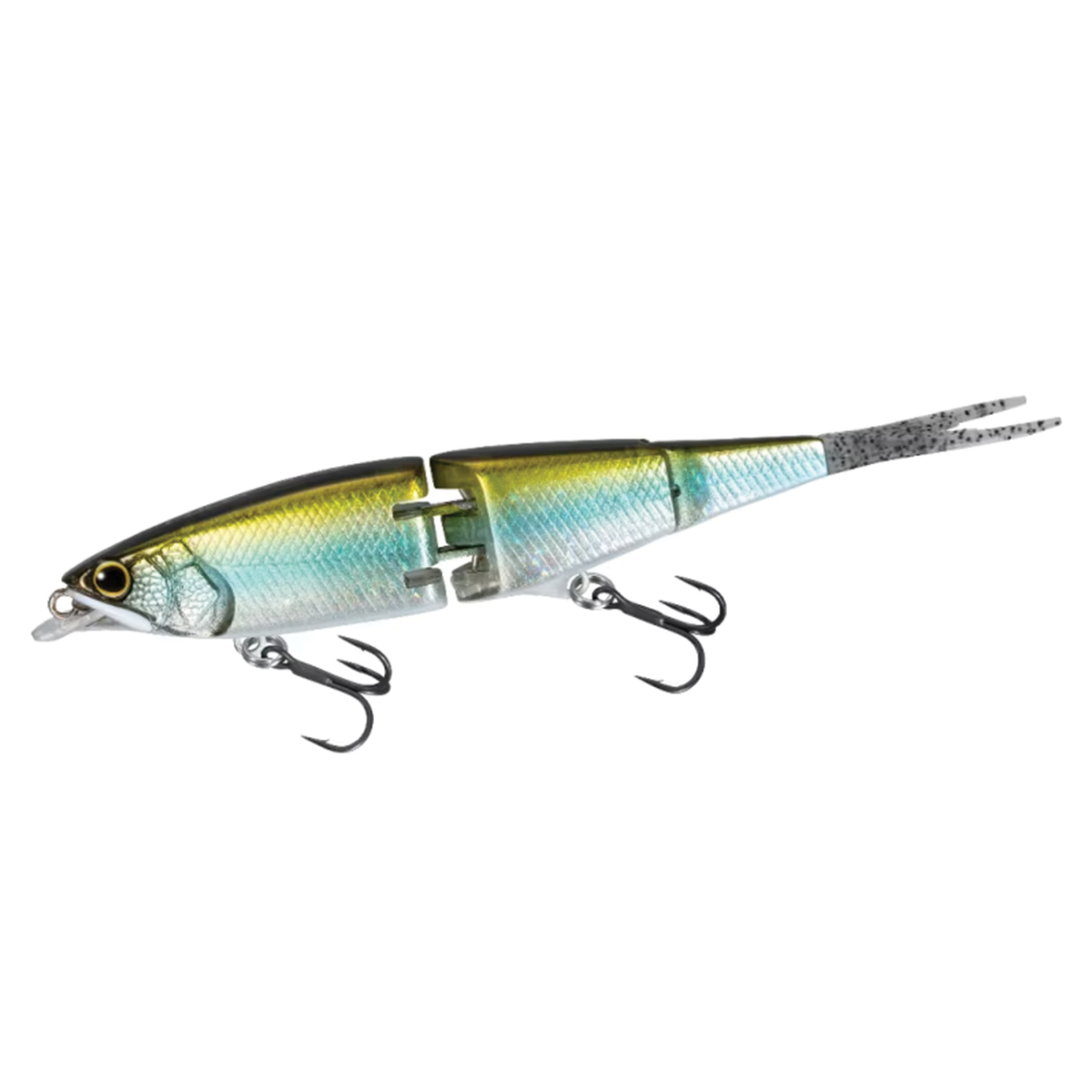 Shimano Facer 85+SF fishing lure with segmented body and lifelike blue and yellow fish design, equipped with dual treble hooks for effective fishing tackle.
