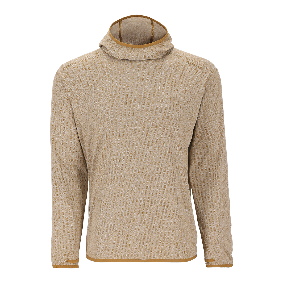 Simms Stone Cold Hoody - Men's tan long sleeve fishing hoodie with high collar and thumbhole cuffs shown against a white background