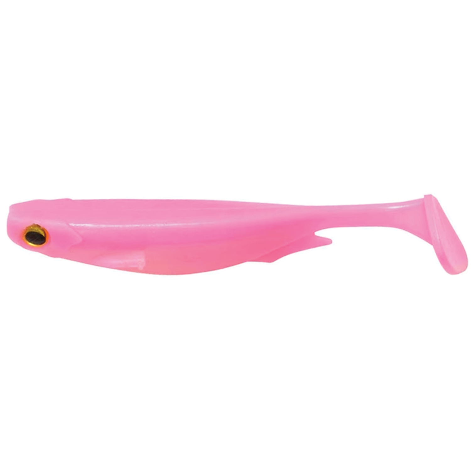 Megabass Spark Shad soft plastic fishing lure in translucent pink with a paddle tail and realistic eye detail designed for effective fishing tackle use.