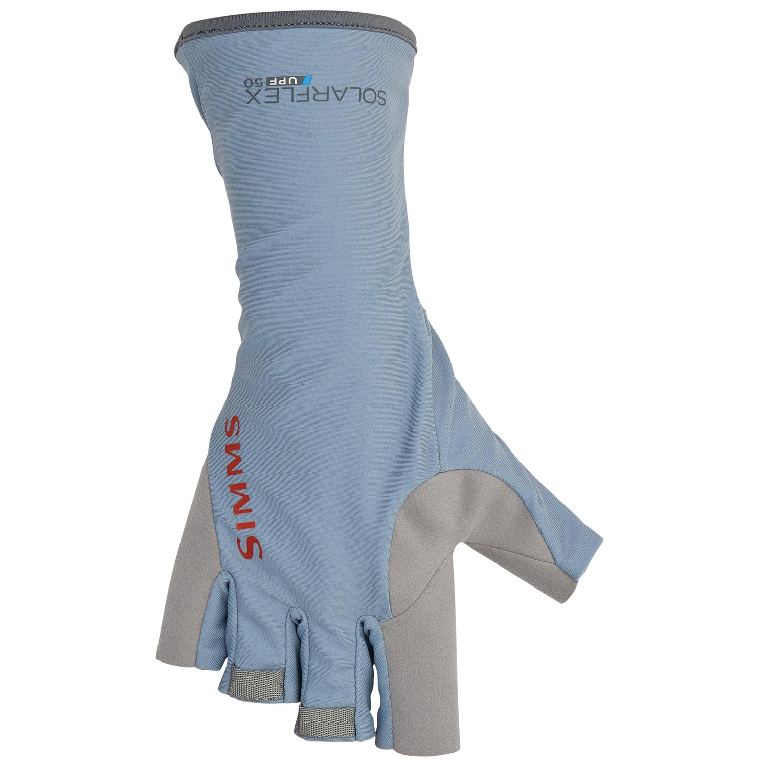 Light blue and gray fingerless fishing glove with red Simms logo, designed for sun protection and comfort, featuring extended wrist coverage labeled Simms SolarFlex Guide Glove.