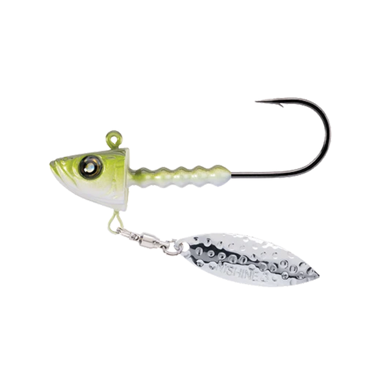 Daiwa Smelthead DX chartreuse fishing lure with a single hook textured body and reflective silver spinner blade for musky fishing tactic
