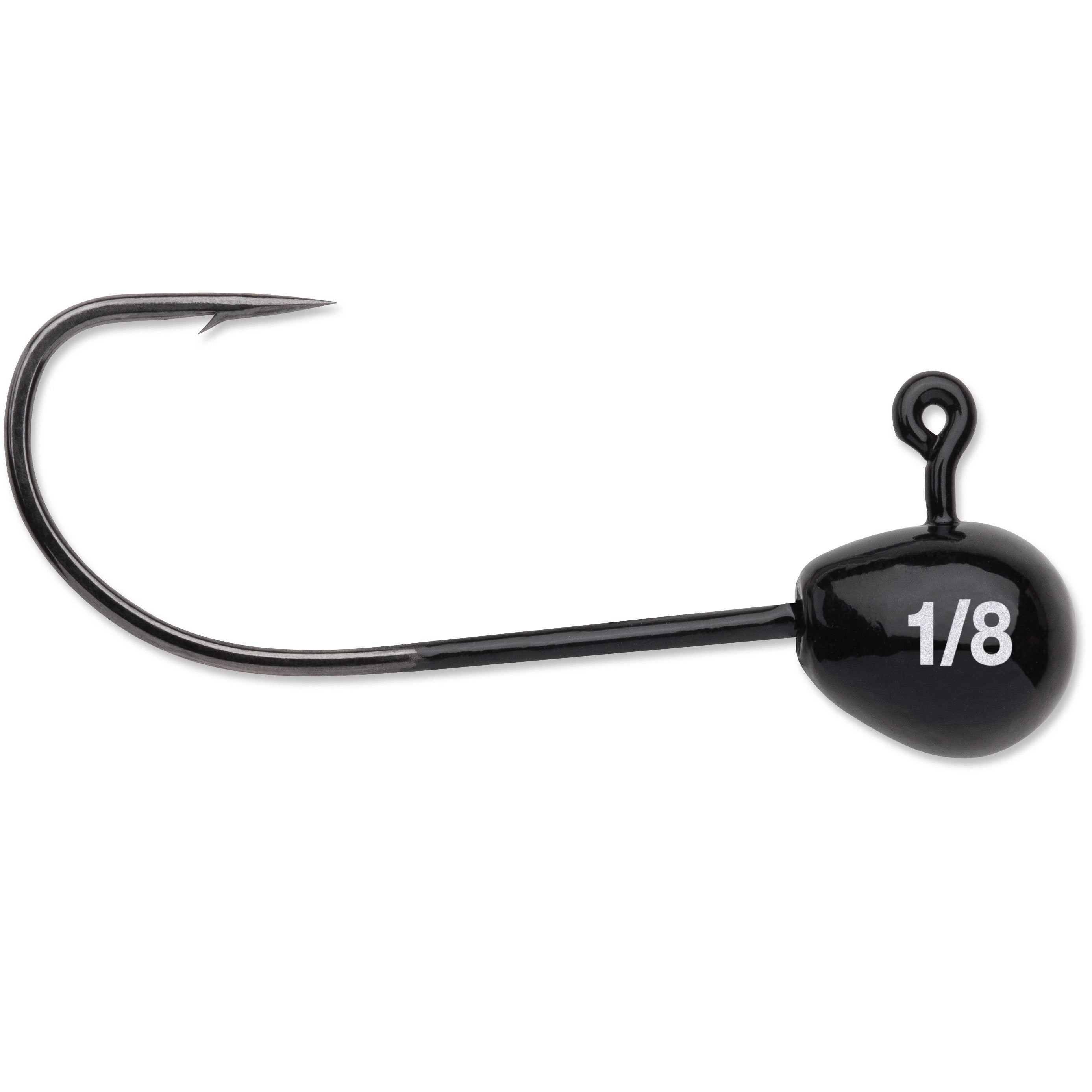 Close-up image of a black VMC Finesse Tube Jig fishing lure with a sharp hook, featuring a 1/8 size marking on the jig head, designed for precision fishing tackle.