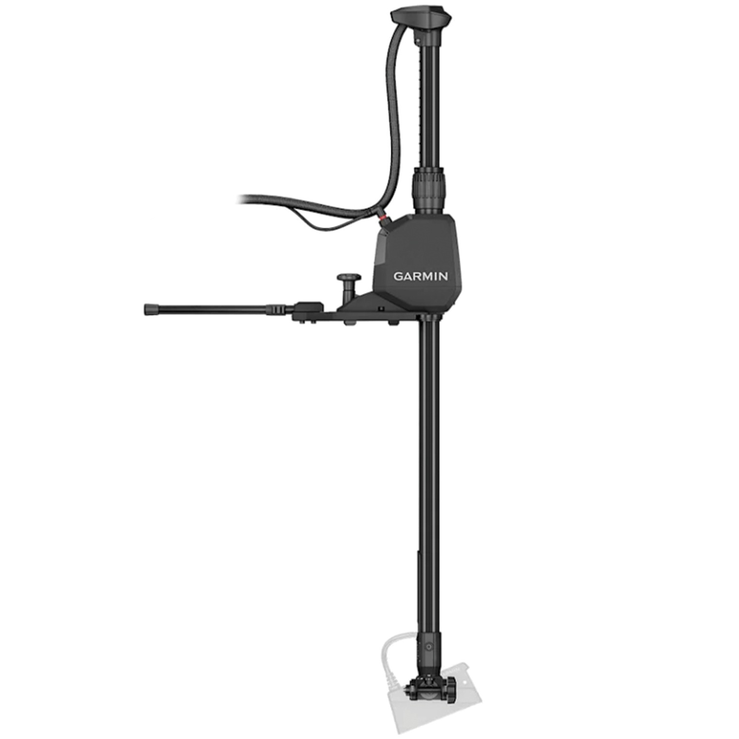 Garmin Spy Pole Motorized Pole Mounts shown as a black motorized mount with adjustable clamps and cables, designed for marine electronics installation on fishing boats.