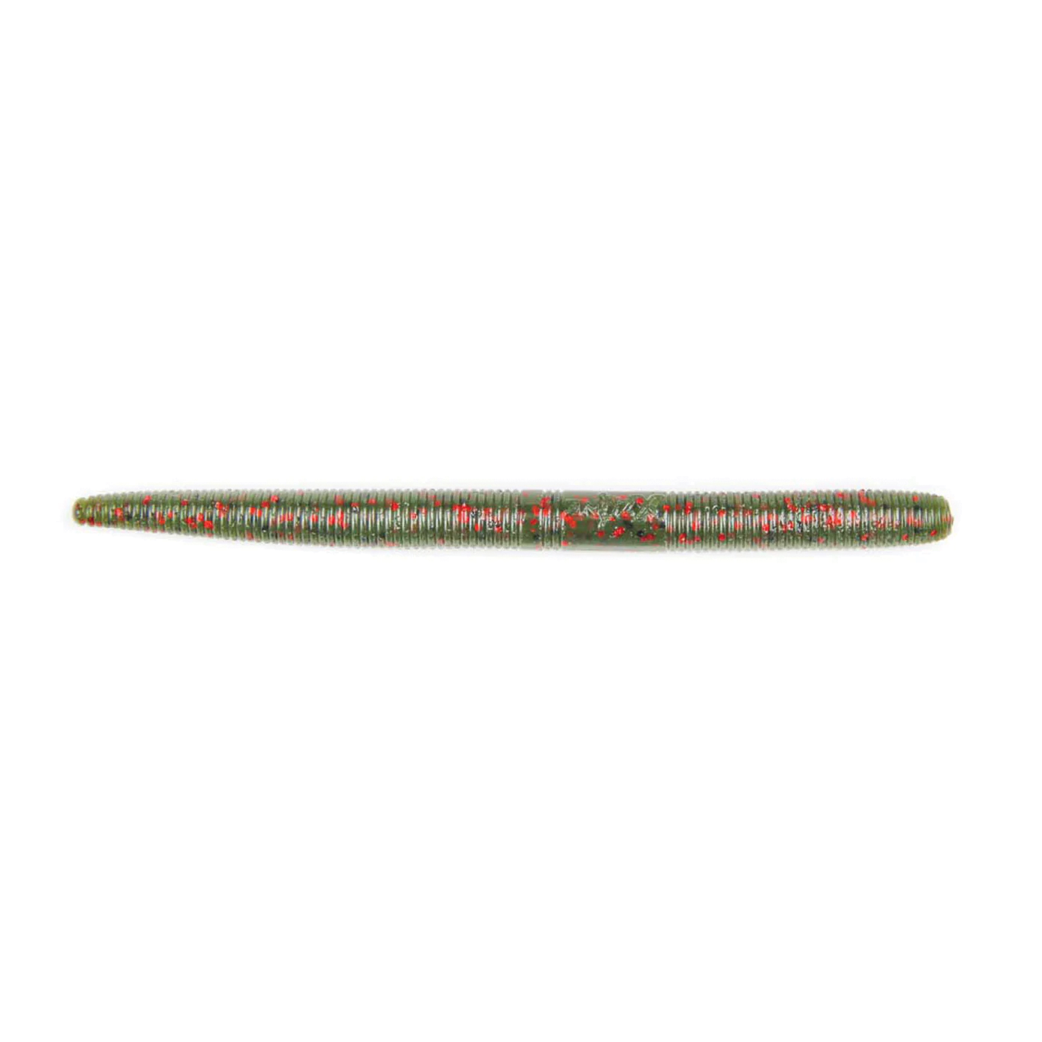 X-Zone 5" True Center Stick soft plastic fishing lure in green with red flecks, designed for effective fishing tackle use.