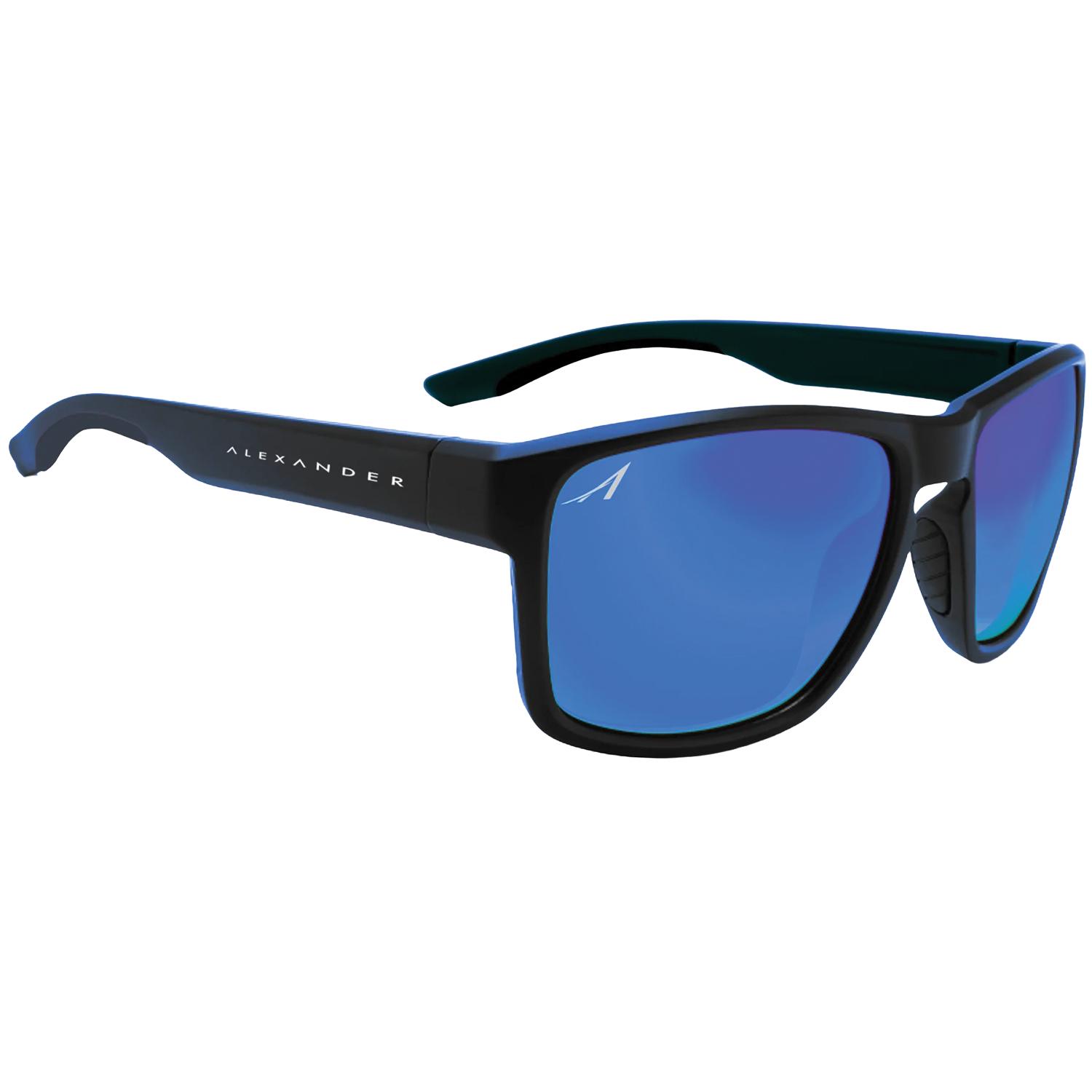 Alexander Sunglasses featuring a sleek black frame with blue polarized lenses, designed for outdoor and fishing activities to reduce glare and enhance vision.