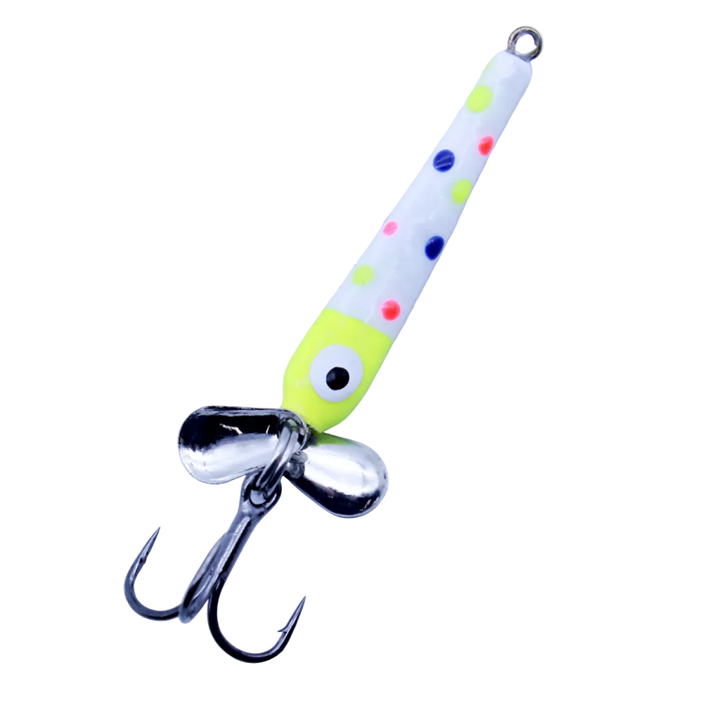 Widow Maker Slab Seeker Tungsten Spoon fishing lure with a white body featuring colorful dots, a yellow head with an eye detail, silver spinner blades, and a sharp treble hook.