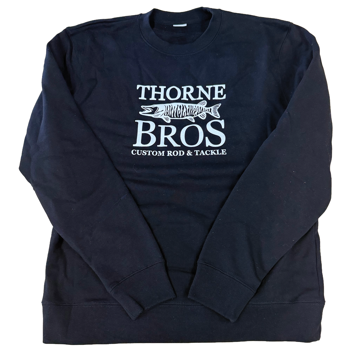 Black crewneck sweatshirt featuring white Thorne Bros Logo Crewneck Sweatshirt text with a fish illustration and "Custom Rod & Tackle" printed on front.