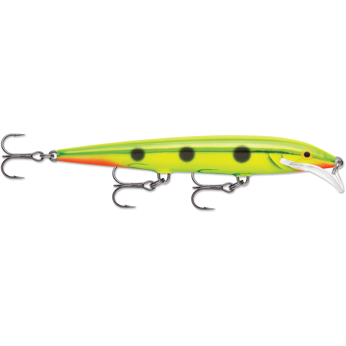 Rapala Scatter Rap Minnow fishing lure in bright green yellow and orange with black spots treble hooks and a clear diving lip for fishing tackle