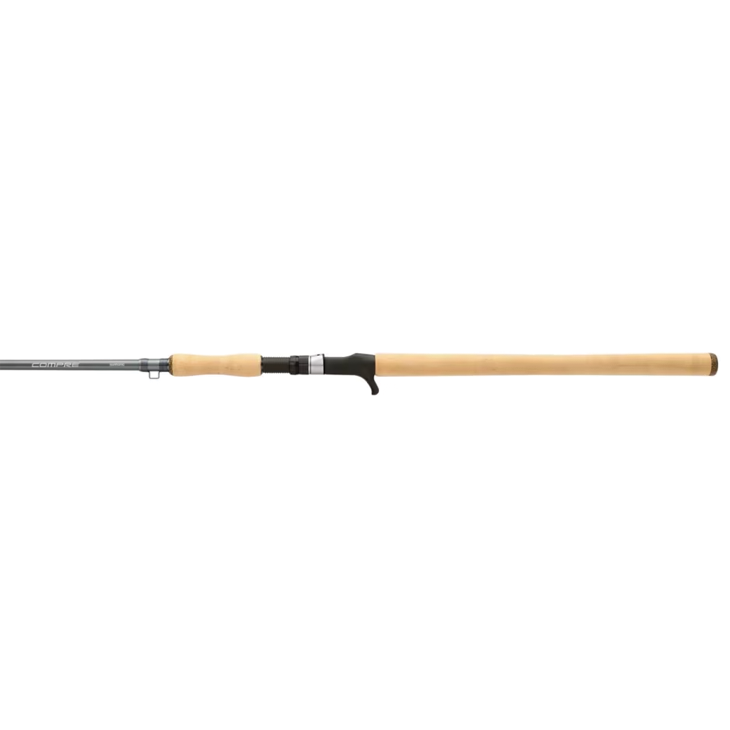Shimano Compre Muskie K fishing rod with a light wood handle and black reel seat designed for musky fishing, ideal for anglers seeking high-quality fishing tackle.