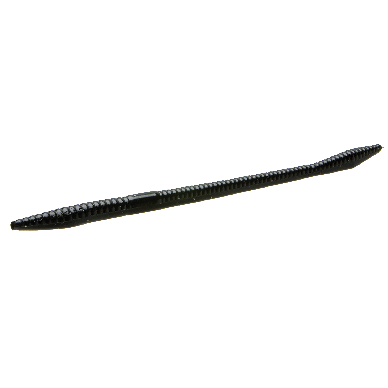 Zoom Bait Company Trick Worm fishing lure in black with ribbed, slender body designed for realistic movement and attraction in fishing tackle.
