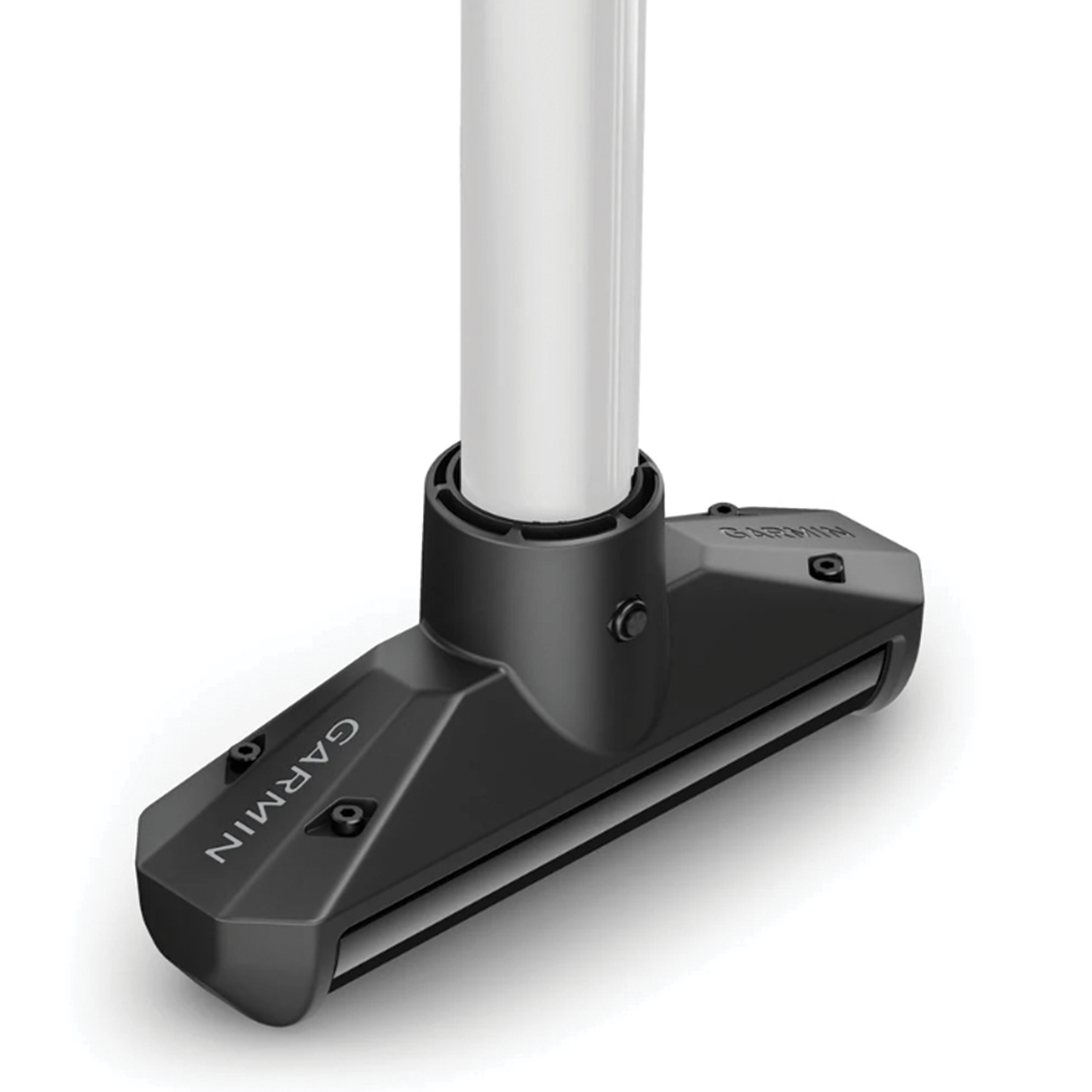 Garmin GT360UHD 360° Sonar 010-03012-10 marine electronics transducer with black housing and white mounting pole designed for advanced fishing tackle and sonar imaging.