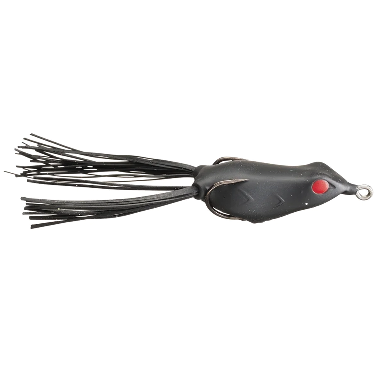 Copper Red Baits Ripple Frog fishing lure in black with red eyes, featuring soft rubber skirt and sharp hooks for use in fishing tackle targeting musky and other freshwater game fish.