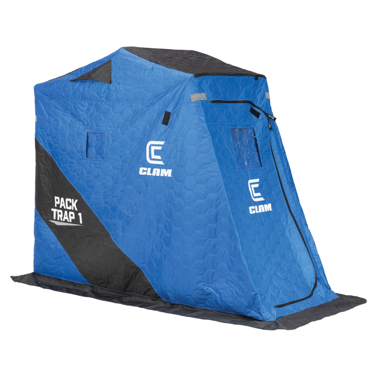 Clam PackTrap 1 blue portable ice fishing shelter with black trim and zippered entry shown closed on a white background