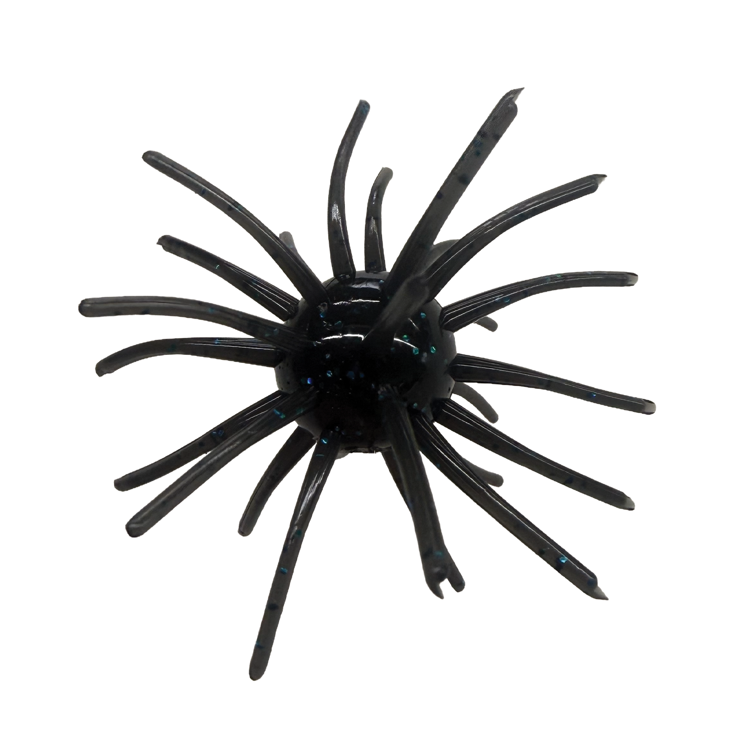 Randamu Lures Fuzzy Ball Mini fishing lure in black with blue flecks, featuring multiple thin, flexible appendages radiating from a central rounded body designed for attracting fish.