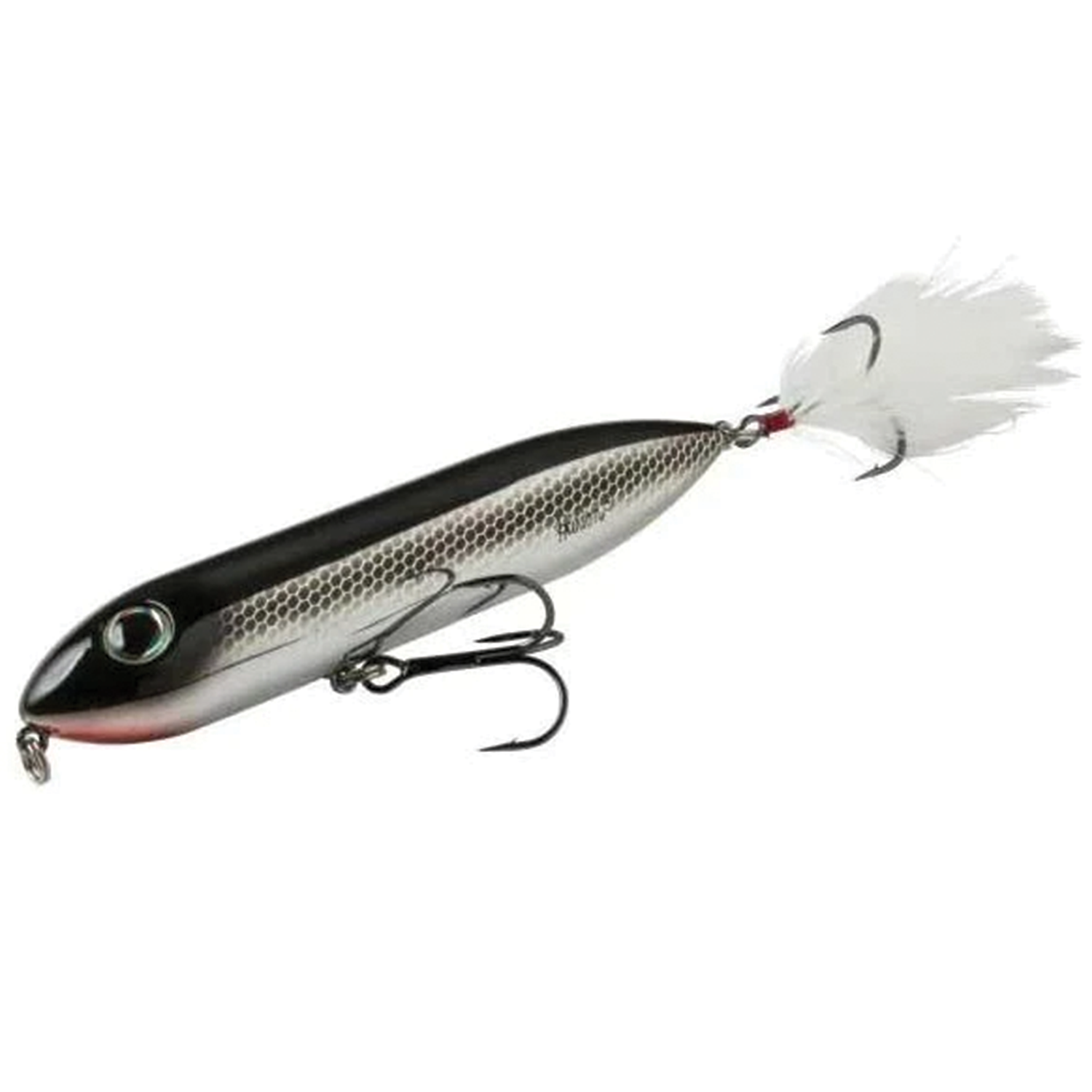 Heddon Super Zara Spook fishing lure with a black and silver scaled body, lifelike eyes, dual treble hooks, and a white feathered tail for attracting fish.