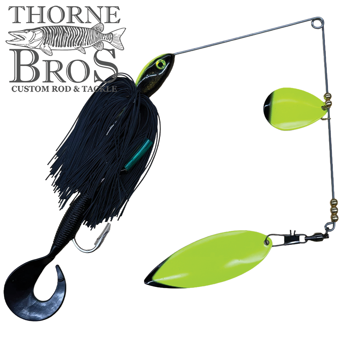 Ace Baits Monster Spinnerbait black skirted fishing lure with bright chartreuse blades and a large black trailer tail for musky fishing