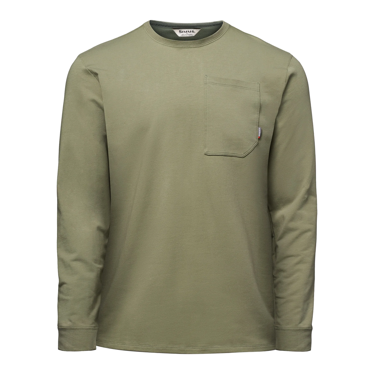 Simms Harbor LS Crew - Men's olive long sleeve shirt with crew neckline and chest pocket shown on a white background
