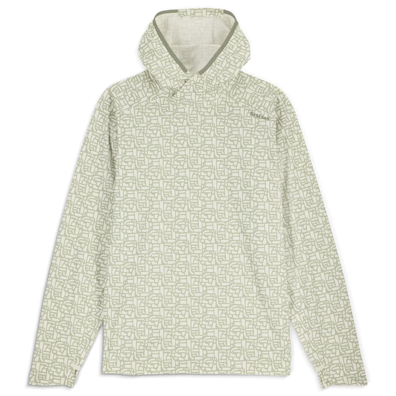 Simms SolarFlex Hoody - Men's (New 2026) in light beige with subtle geometric pattern, featuring long sleeves, a hood, and soft breathable fabric designed for outdoor fishing activities.