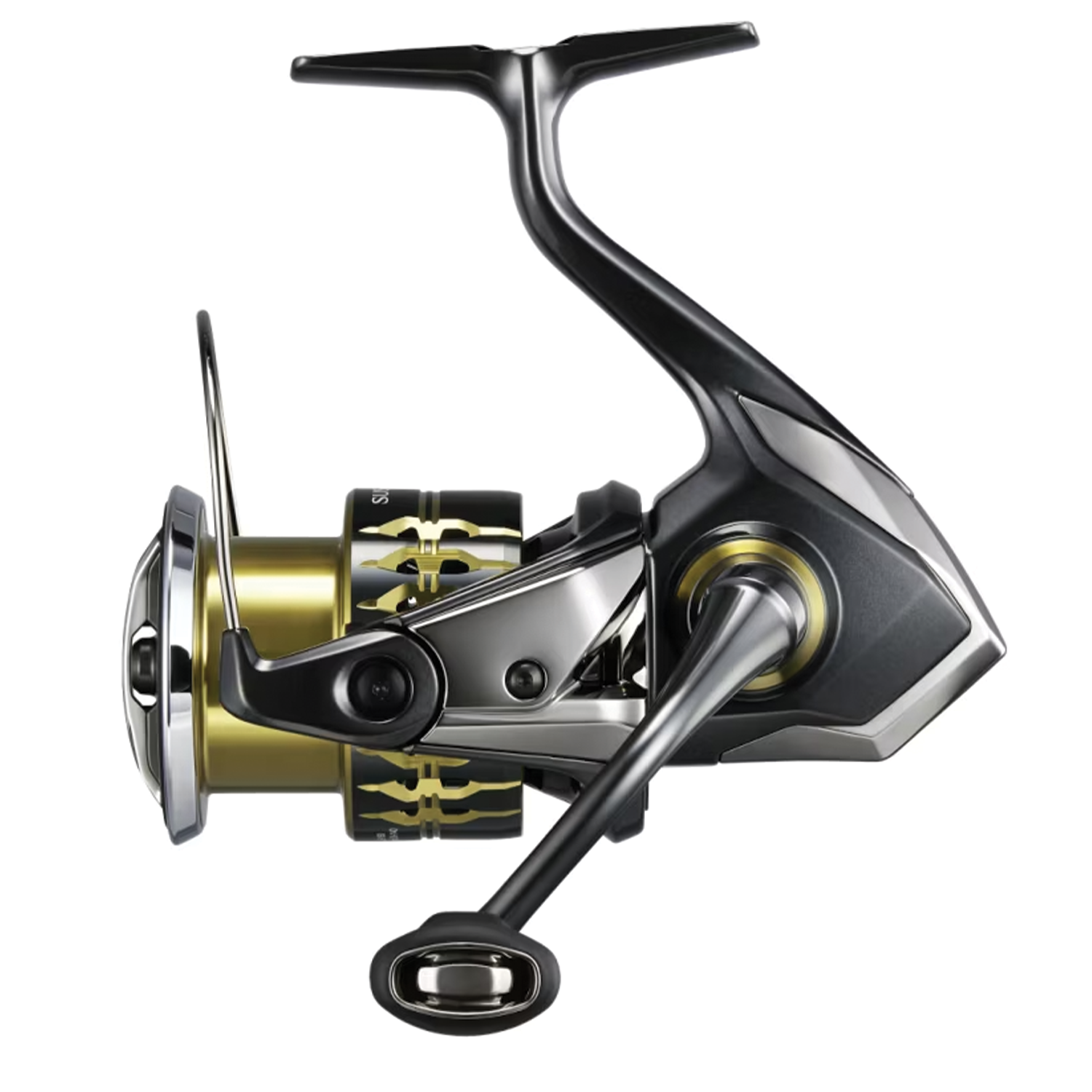 Shimano Sustain FK spinning fishing reel with black and gold finish, sleek design, ergonomic handle, and durable construction for smooth performance in fishing tackle.