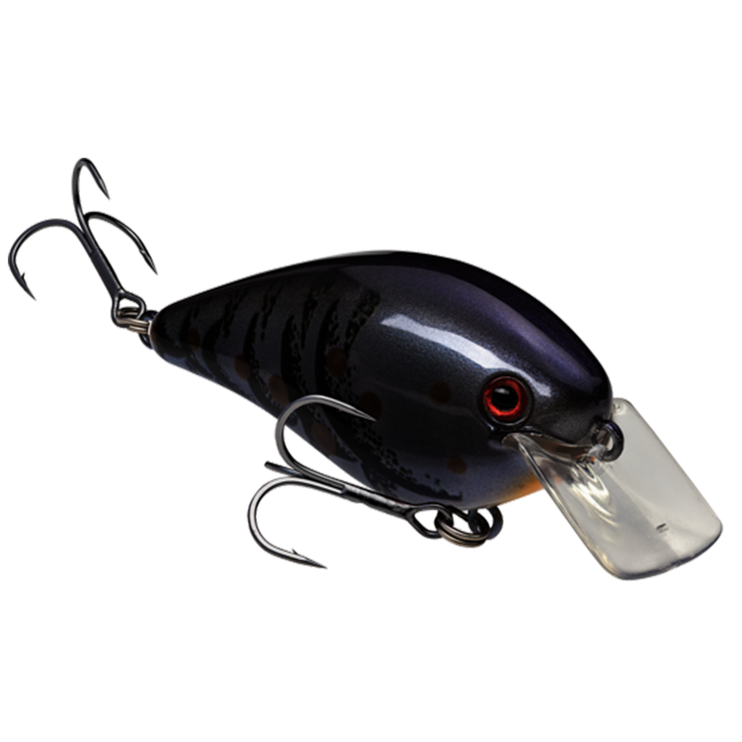 Strike King KVD Hard Knock fishing lure with a dark, glossy finish and red eyes, featuring two treble hooks and a clear diving lip for effective fishing tackle use.