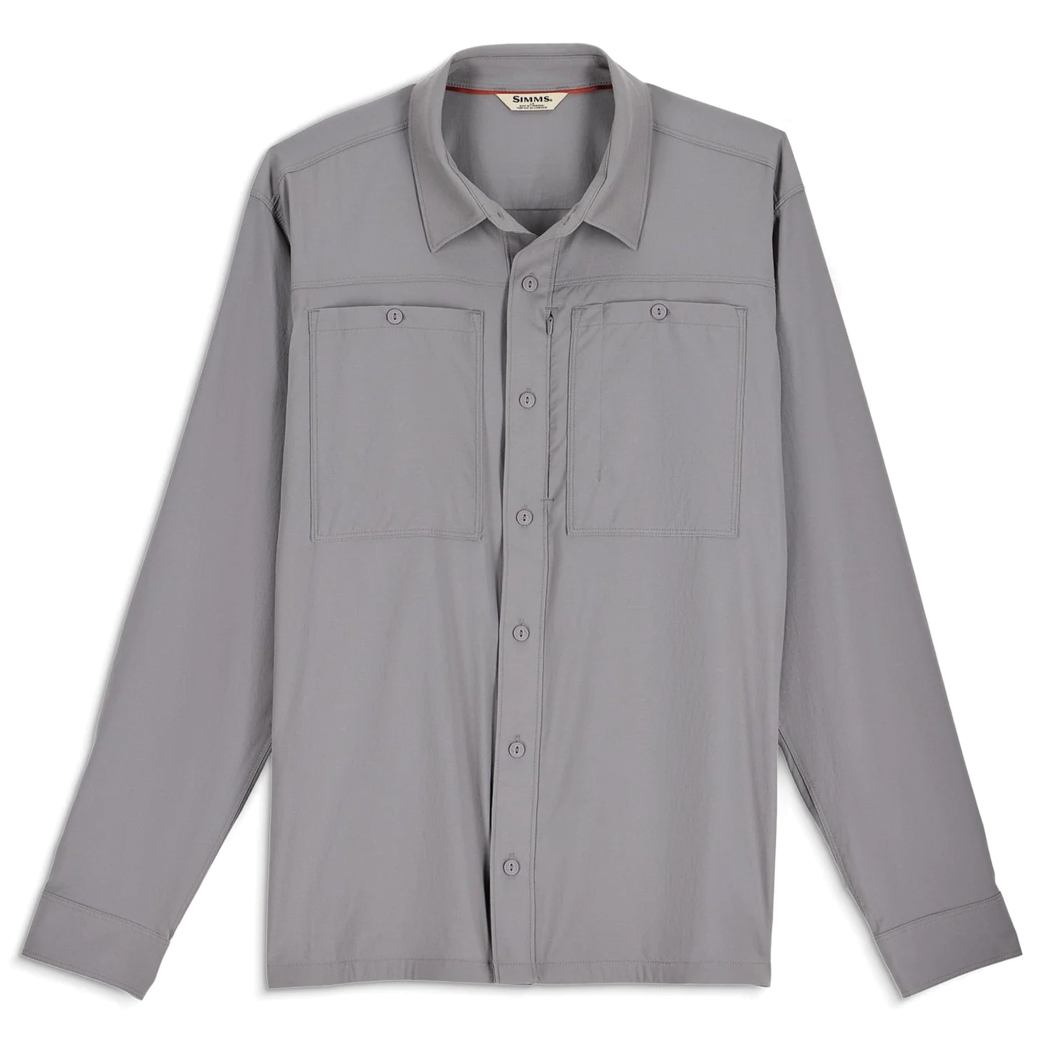 Simms Flyover Shirt - Men's in light gray with long sleeves, button-front closure, collar, and two chest pockets designed for comfort and durability during fishing activities.
