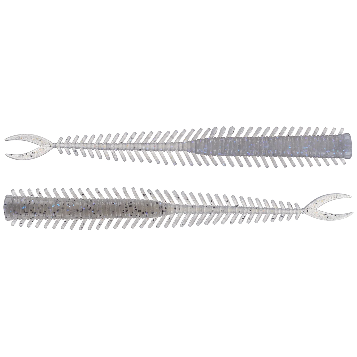 Two transparent, segmented soft plastic fishing lures with blue and gold flecks, shaped like elongated worms with forked tails, shown as Geecrack Earthy Worm for fishing tackle.