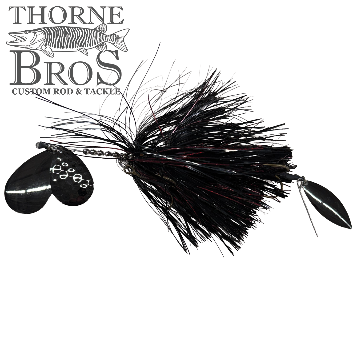 Hunsy Tails 8/9 Banger fishing lure with black and red feathered skirt, dual shiny metallic spinner blades, designed for musky fishing tackle by Thorne Bros.