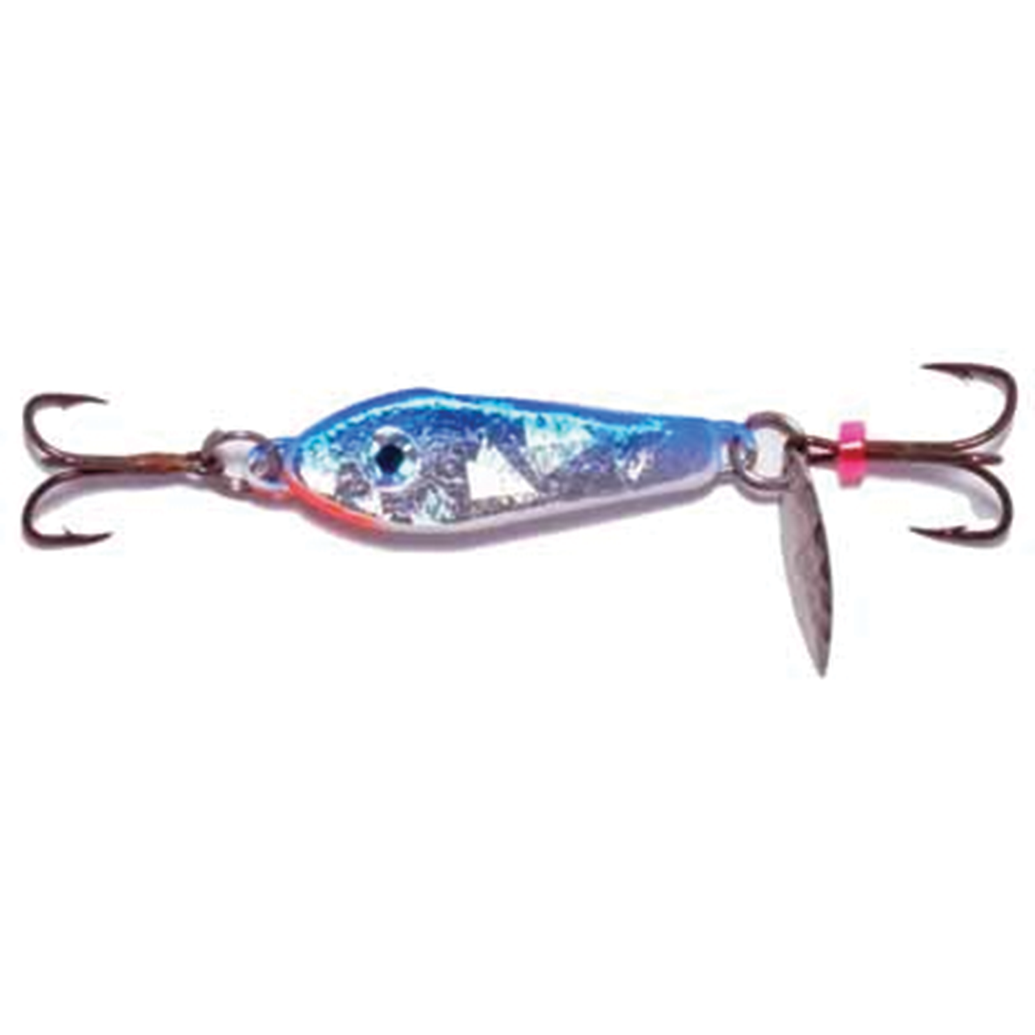 Hutch One Eye Spoon fishing lure in blue and silver with reflective finish, featuring two treble hooks and a small spinning blade for added attraction.