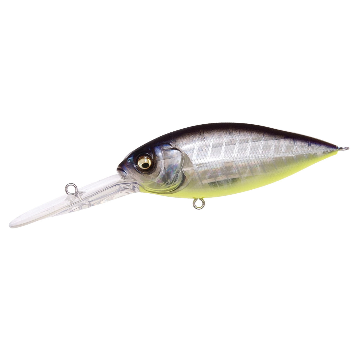 Megabass Deep-X 300 fishing lure featuring a realistic fish design with a translucent body, detailed eyes, and a long diving lip for deep water fishing.