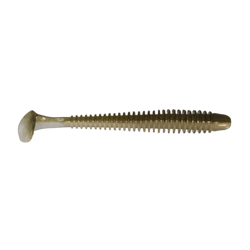 Keitech Swing Impact 3.5" + 4" soft plastic fishing lure in natural brown color with ribbed body and paddle tail designed for lifelike movement in water.