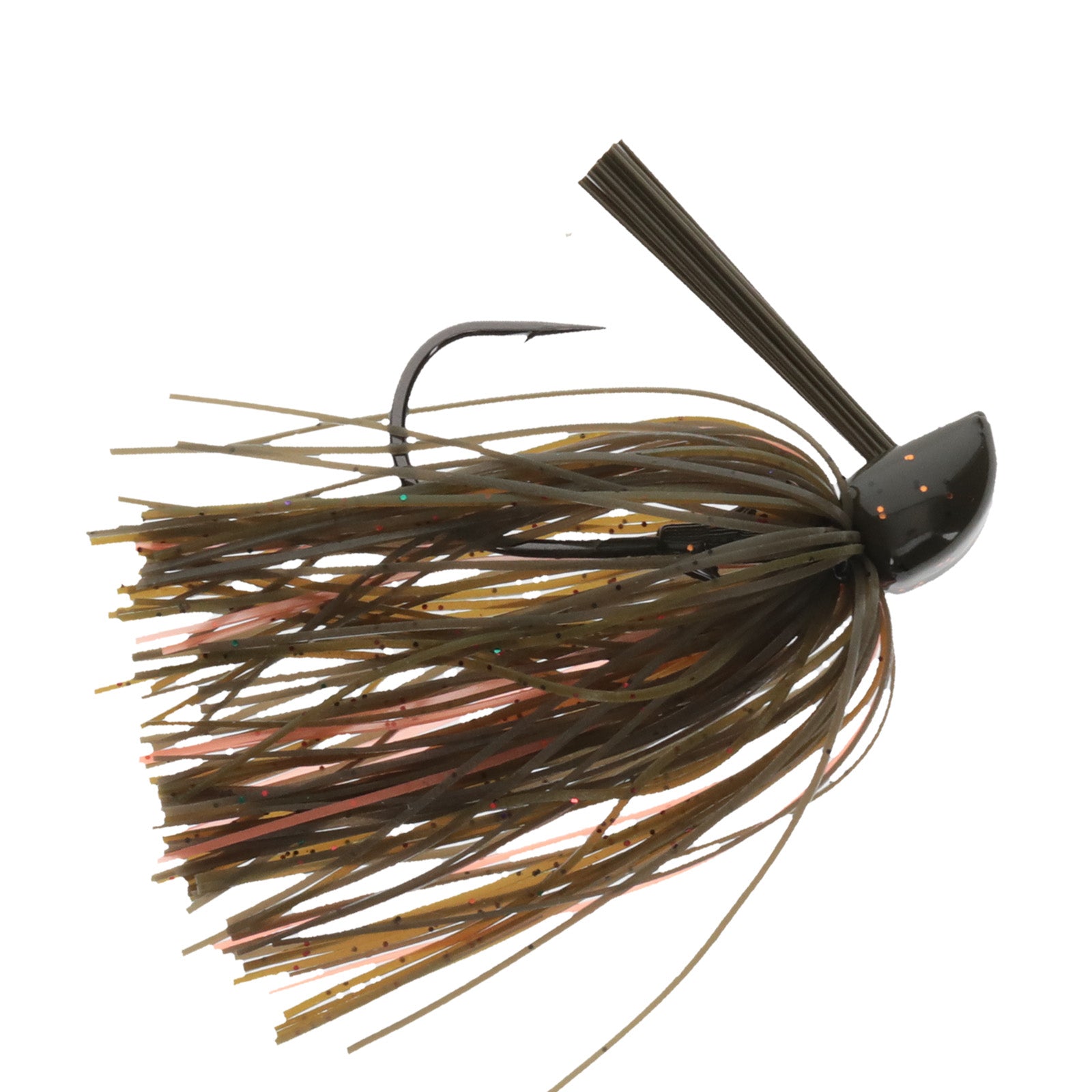 Strike King Compact Tungsten Casting Jig fishing lure with a weed guard, featuring a dark multi-strand skirt in olive and brown tones designed for fishing tackle use.